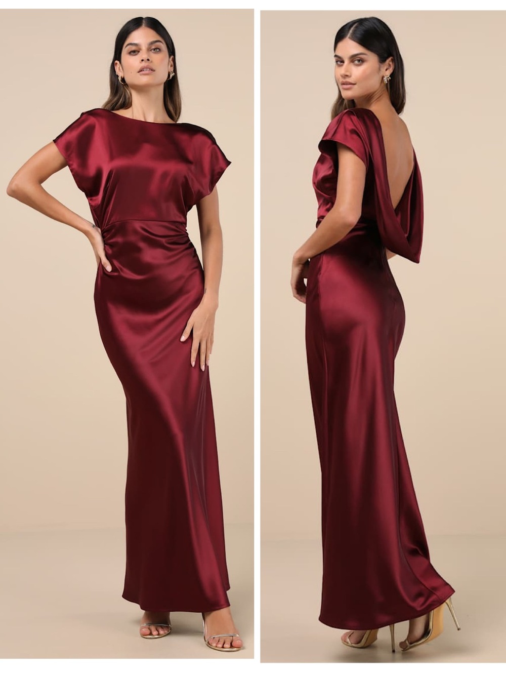Lulus Captivating Presence Wine Red Satin Cowl Back Maxi Dress Size Large Formal